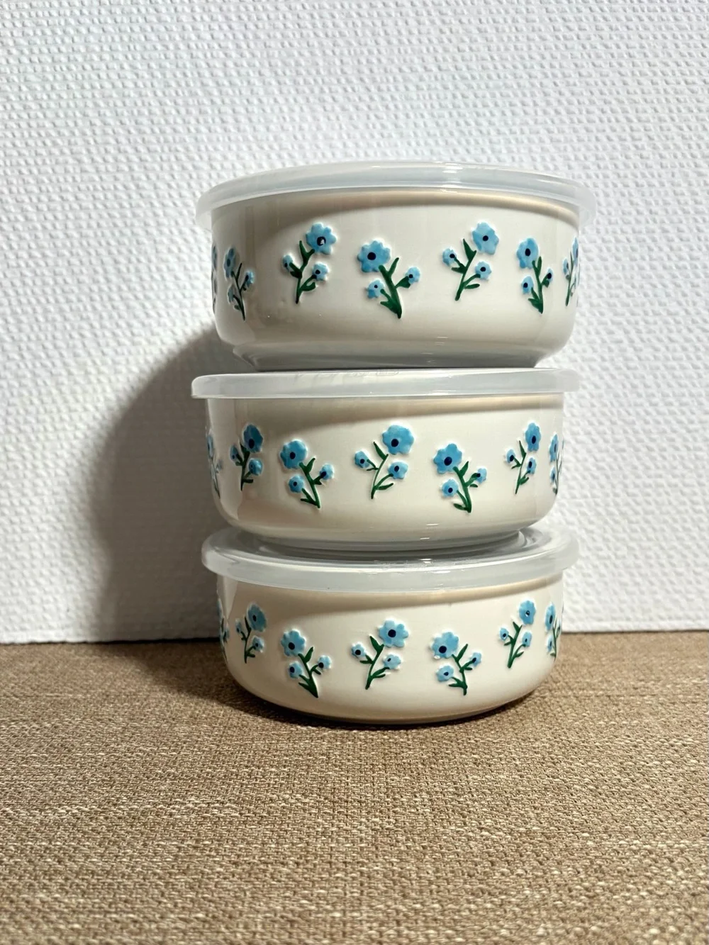 Ceramic Bowl with Venting Lid - Blue & Navy Floral Motif Textured Flower Design